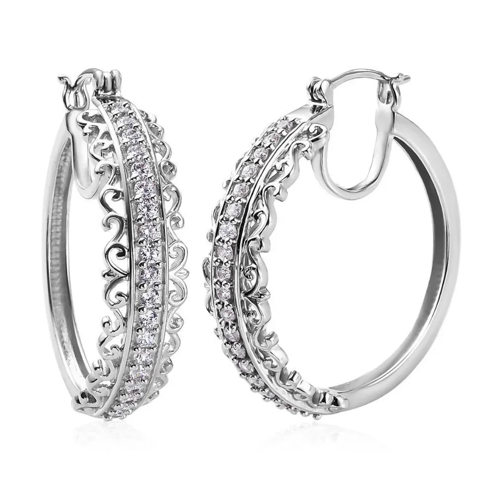 Simulated Diamond Inside Out Hoop Earrings in Platinum Bond 2.40 ctw - Picture 1 of 4